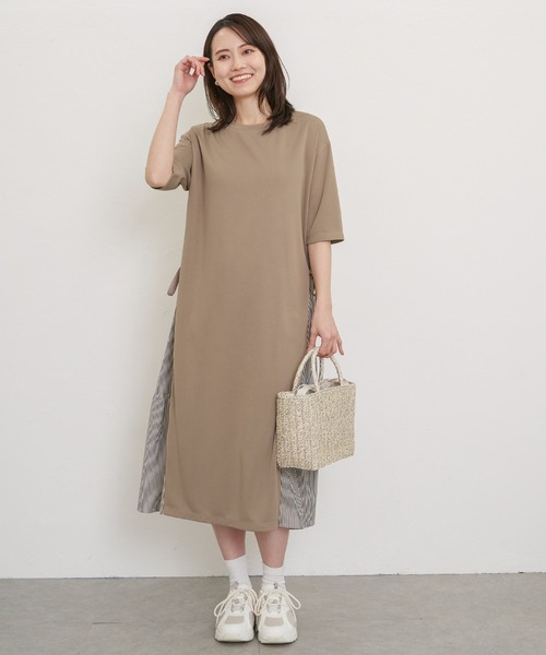 ikka（イッカ）の「【親子コーデ】異素材切り替えサイドリボンワンピース（ワンピース・レディース・ネイビー/ベージュ・M/L/S）」の3枚目の写真