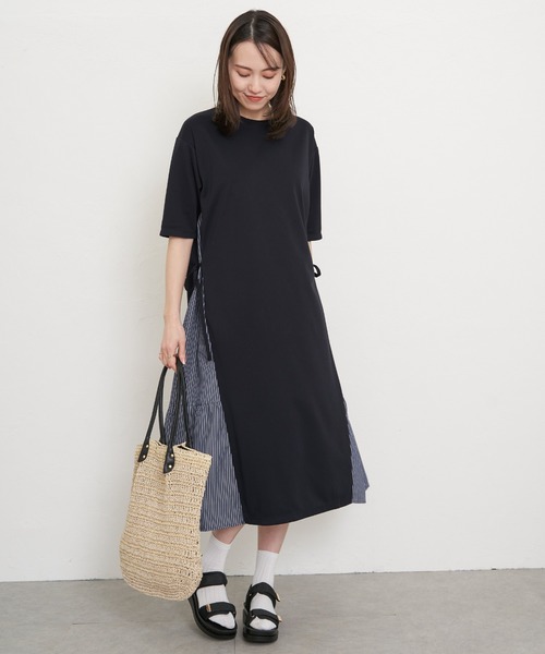 ikka（イッカ）の「【親子コーデ】異素材切り替えサイドリボンワンピース（ワンピース・レディース・ネイビー/ベージュ・M/L/S）」の6枚目の写真