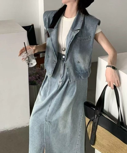 デニムベスト＆フロントスリットロングスカートセットアップ