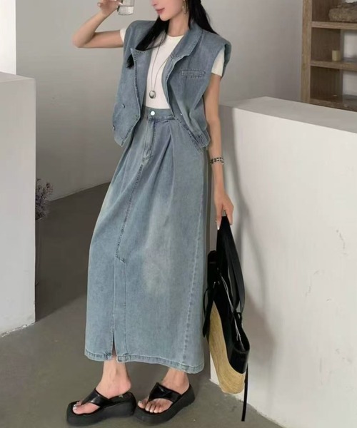 デニムベスト＆フロントスリットロングスカートセットアップ