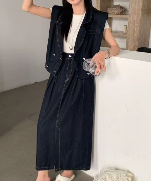 デニムベスト＆フロントスリットロングスカートセットアップ