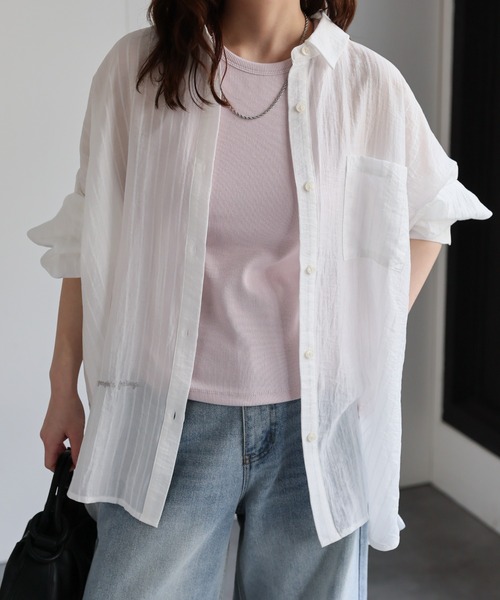 ap retro(アプレトロ)の「ストライプロゴ刺繍シャツ / シアーシャツ(シャツ/ブラウス・レディース・ホワイト/ピンク/ブルー・FREE)」の4枚目の写真