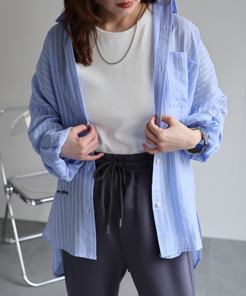 ap retro(アプレトロ)の「ストライプロゴ刺繍シャツ / シアーシャツ(シャツ/ブラウス・レディース・ホワイト/ピンク/ブルー・FREE)」の16枚目の写真