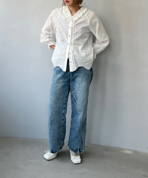 大人気【LOOKPL】リオウォッシングコットンバンディング半ズボン フリルVネック パンチングレース コットンシャツ FQ24S084【Fano