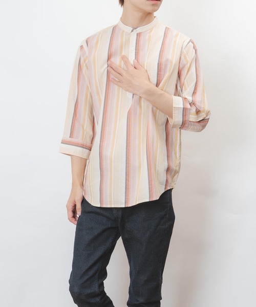 garsonwave(ギャルソンウェーブ)の「ストライプ パナマ織り シアサッカー カプリ デザイン バンドカラー 七分袖 シャツ(GW)(シャツ/ブラウス・メンズ・ネイビー/オレンジ/ブルー/サックスブルー・M/L)」の8枚目の写真