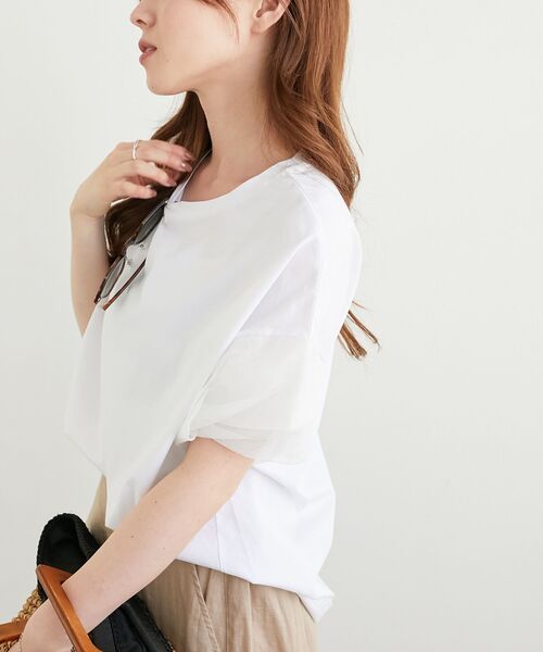 tシャツ 「手洗い可能」チュールねじりスリーブフレンチプルオーバー レディース le.coeur blanc｜《手洗い可能》チュールねじりスリーブフレンチ