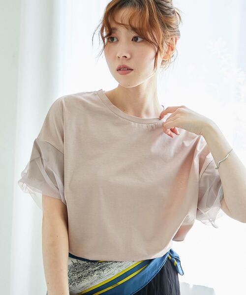 tシャツ 「手洗い可能」チュールねじりスリーブフレンチプルオーバー レディース 手洗い可能》チュールねじりスリーブフレンチプルオーバー/le