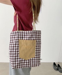 美品　OURHOME 折りたたみチェック柄バッグ ブラウン×ネイビー 折りたためるチェック柄バッグ – OURHOME