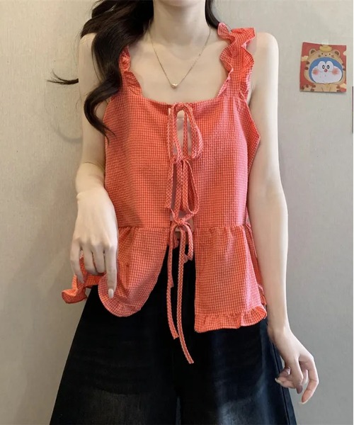 MAISON DE THERESE(メゾン ド テレーズ)の「ピコット飾り リボン結び チェック キャミソール(キャミソール・レディース・ネイビー/ホワイト/レッド/グレー・FREE)」の4枚目の写真