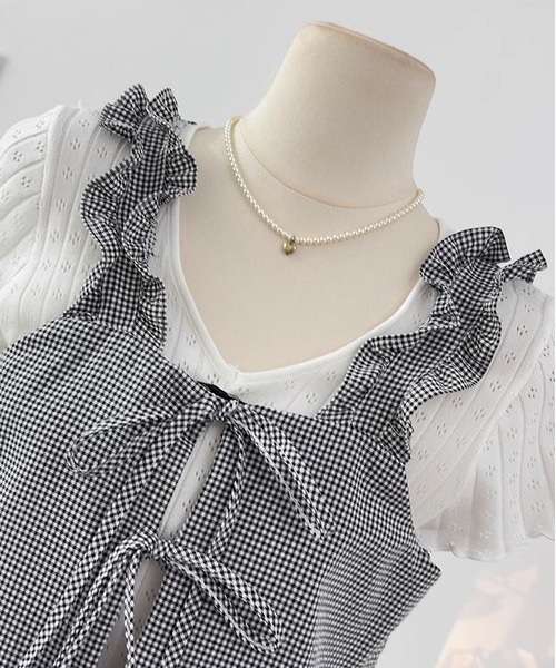 MAISON DE THERESE(メゾン ド テレーズ)の「ピコット飾り リボン結び チェック キャミソール(キャミソール・レディース・ネイビー/ホワイト/レッド/グレー・FREE)」の7枚目の写真