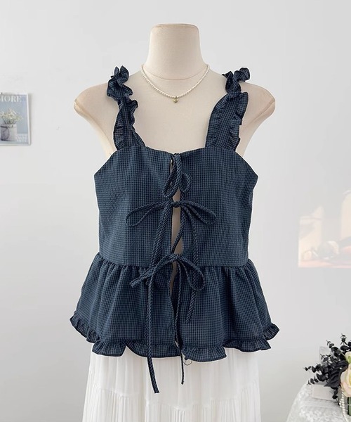 MAISON DE THERESE(メゾン ド テレーズ)の「ピコット飾り リボン結び チェック キャミソール(キャミソール・レディース・ネイビー/ホワイト/レッド/グレー・FREE)」の15枚目の写真