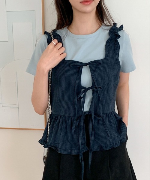 MAISON DE THERESE(メゾン ド テレーズ)の「ピコット飾り リボン結び チェック キャミソール(キャミソール・レディース・ネイビー/ホワイト/レッド/グレー・FREE)」の21枚目の写真