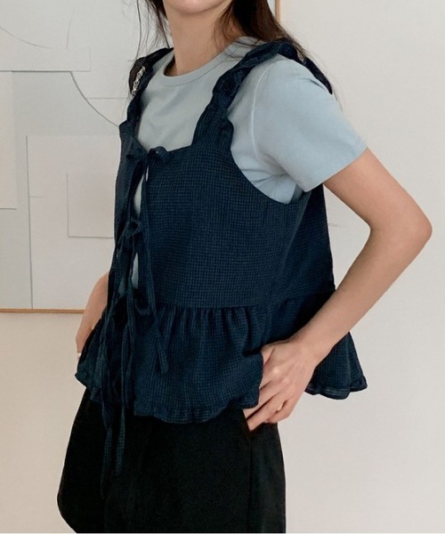 MAISON DE THERESE(メゾン ド テレーズ)の「ピコット飾り リボン結び チェック キャミソール(キャミソール・レディース・ネイビー/ホワイト/レッド/グレー・FREE)」の19枚目の写真