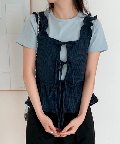MAISON DE THERESE(メゾン ド テレーズ)の「ピコット飾り リボン結び チェック キャミソール(キャミソール・レディース・ネイビー/ホワイト/レッド/グレー・FREE)」の18枚目の写真