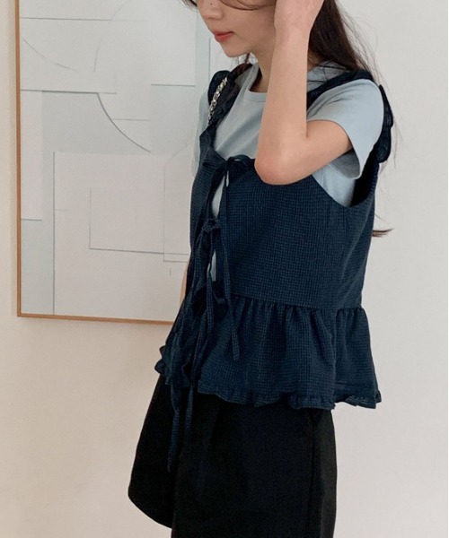 MAISON DE THERESE(メゾン ド テレーズ)の「ピコット飾り リボン結び チェック キャミソール(キャミソール・レディース・ネイビー/ホワイト/レッド/グレー・FREE)」の17枚目の写真