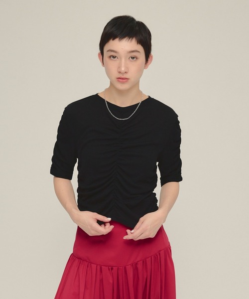 eL（エル）の「【eL】Sheer Shirring Tee/459689（Tシャツ/カットソー・レディース・ブラック/オフホワイト/グレー・FREE）」の3枚目の写真