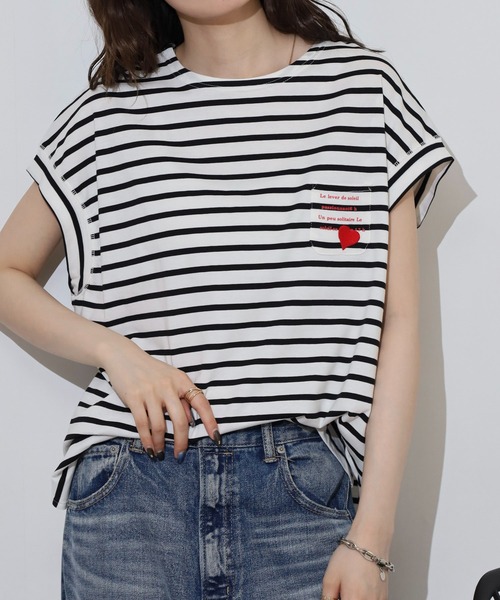 tシャツ EGLANTINE ハート刺繍ポケット フレンチスリーブカットソー レディース セール】EGLANTINE ハート刺繍ポケット フレンチスリーブ