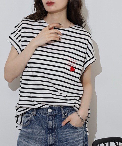 tシャツ EGLANTINE ハート刺繍ポケット フレンチスリーブカットソー レディース セール】EGLANTINE ハート刺繍ポケット フレンチスリーブ