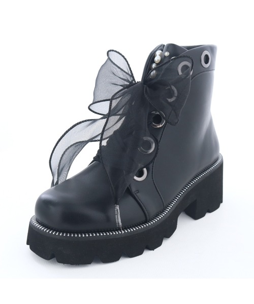 byあしながおじさん（バイアシナガオジサン）の「軽量｜厚底チュールリボンブーツ　8710621（ブーツ・レディース・ブラック/オフホワイト・S/M/L/LL）」の17枚目の写真