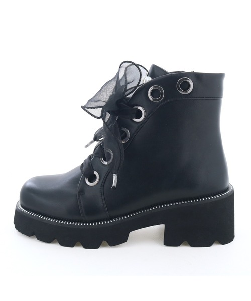 byあしながおじさん（バイアシナガオジサン）の「軽量｜厚底チュールリボンブーツ　8710621（ブーツ・レディース・ブラック/オフホワイト・S/M/L/LL）」の21枚目の写真