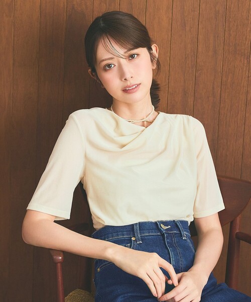ANY SIS(エニィスィス)の「【洗える】シアーベロアドレープ Tシャツ(Tシャツ/カットソー・レディース・アイボリー系/ダークブラウン系・2)」の1枚目の写真