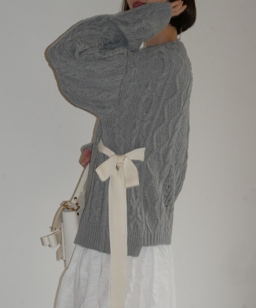 HONEY MI HONEY(ハニーミーハニー)の「cable ribbon knit pullover(ニット/セーター・レディース・オフホワイト/グレー/ブラック/ピンク・FREE)」の3枚目の写真