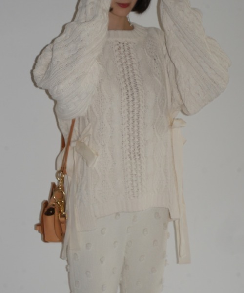 HONEY MI HONEY(ハニーミーハニー)の「cable ribbon knit pullover(ニット/セーター・レディース・オフホワイト/グレー/ブラック/ピンク・FREE)」の1枚目の写真
