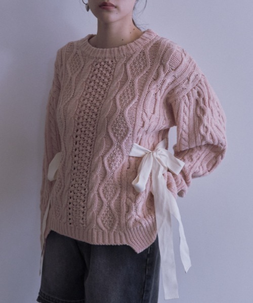 HONEY MI HONEY(ハニーミーハニー)の「cable ribbon knit pullover(ニット/セーター・レディース・オフホワイト/グレー/ブラック/ピンク・FREE)」の4枚目の写真