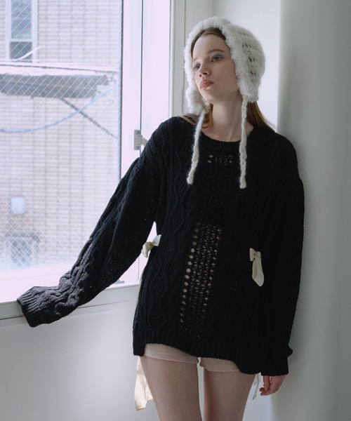 HONEY MI HONEY(ハニーミーハニー)の「cable ribbon knit pullover(ニット/セーター・レディース・オフホワイト/グレー/ブラック/ピンク・FREE)」の5枚目の写真
