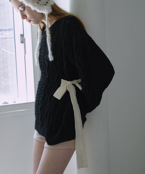 HONEY MI HONEY(ハニーミーハニー)の「cable ribbon knit pullover(ニット/セーター・レディース・オフホワイト/グレー/ブラック/ピンク・FREE)」の6枚目の写真