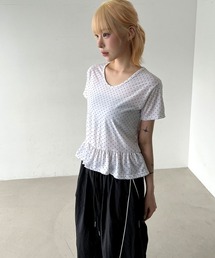 ラブリー ドット フリル 切り替え 半袖 Tシャツ