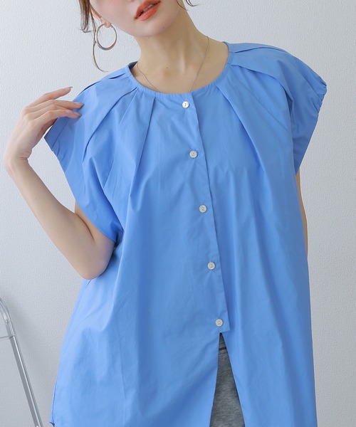 LAULEN(ローレン)の「cotton tuck front slit blouse /コットンタックフロントスリットブラウス(シャツ/ブラウス・レディース・ホワイト/ブルー・FREE)」の1枚目の写真