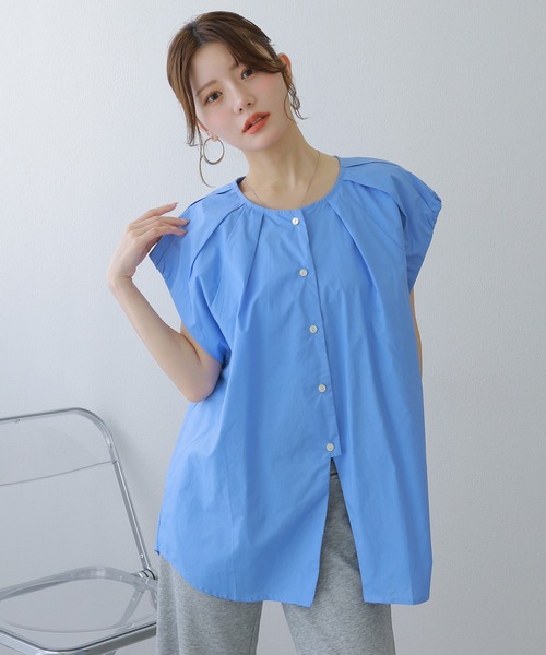LAULEN(ローレン)の「cotton tuck front slit blouse /コットンタックフロントスリットブラウス(シャツ/ブラウス・レディース・ホワイト/ブルー・FREE)」の4枚目の写真