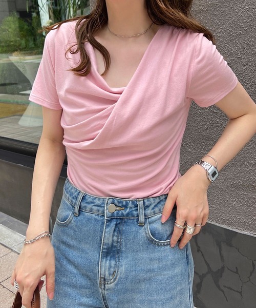 KOBE LETTUCE(コウベレタス)の「ドレープTシャツ(Tシャツ/カットソー・レディース・ピンク/ホワイト系/サックスブルー/グレイッシュベージュ/ブラック・L/M)」の5枚目の写真