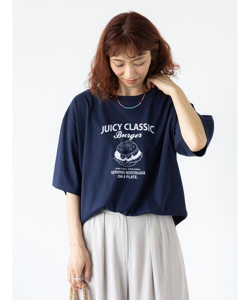 Lugnoncure(ルノンキュール)の「ハンバーガーモチーフプリントTシャツ(Tシャツ/カットソー・レディース・ブラック/オフホワイト/ネイビー・F)」の1枚目の写真