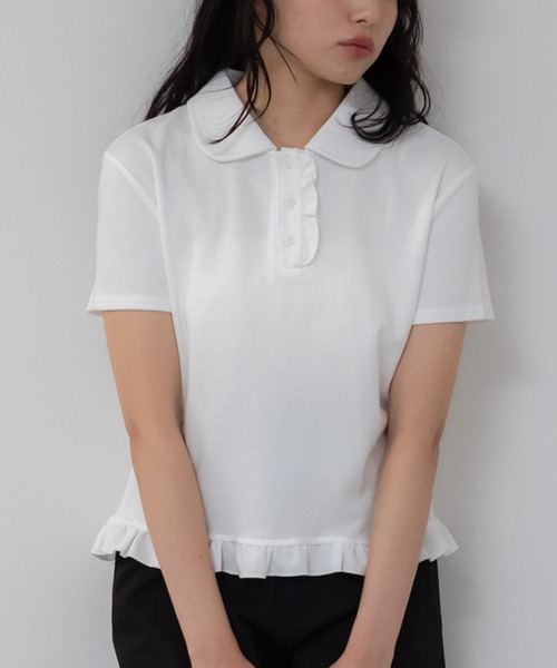 フリルポロシャツ/ブラック アイボリー ホワイト フリル コンパクト