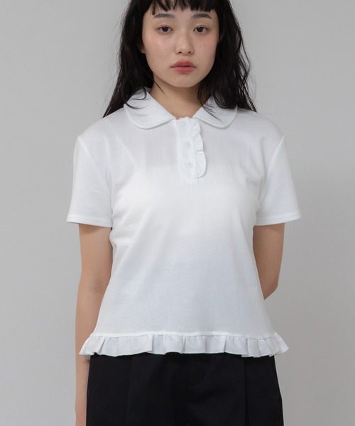 フリルポロシャツ/ブラック アイボリー ホワイト フリル コンパクト