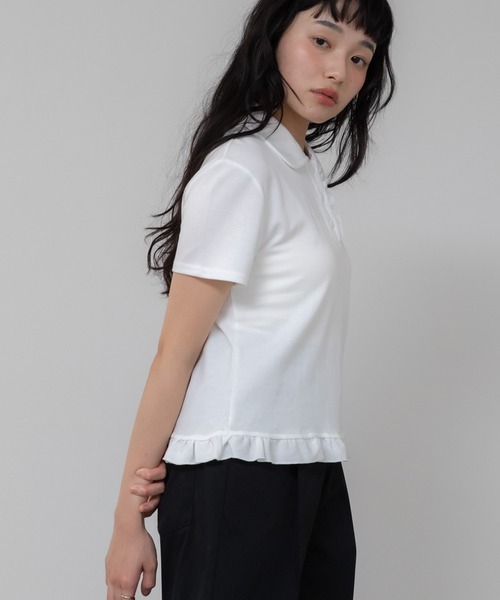 フリルポロシャツ/ブラック アイボリー ホワイト フリル コンパクト