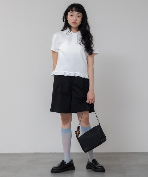 フリルポロシャツ/ブラック アイボリー ホワイト フリル コンパクト