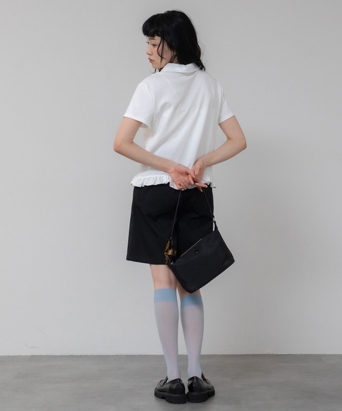 フリルポロシャツ/ブラック アイボリー ホワイト フリル コンパクト