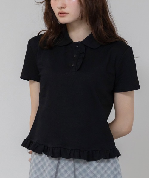 フリルポロシャツ/ブラック アイボリー ホワイト フリル コンパクト