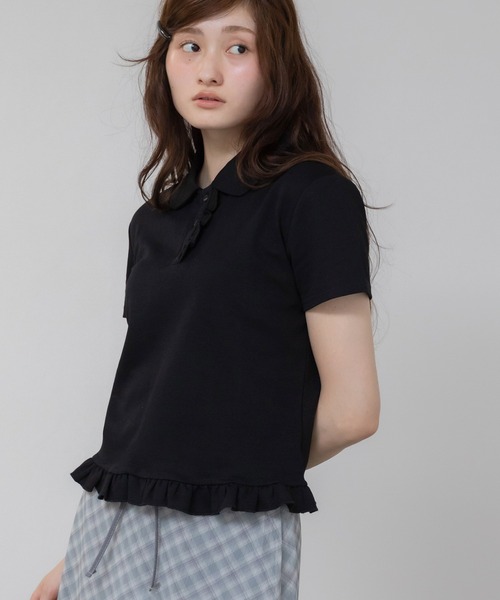 フリルポロシャツ/ブラック アイボリー ホワイト フリル コンパクト