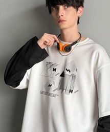 Classical Origin（クラシカルオリジン）の「「一枚で即コーデ完成。」幾何学柄ポンチ素材レイヤードTシャツ(長袖)／Geometric Pattern Ponte Layered T-Shirt（Tシャツ/カットソー）」