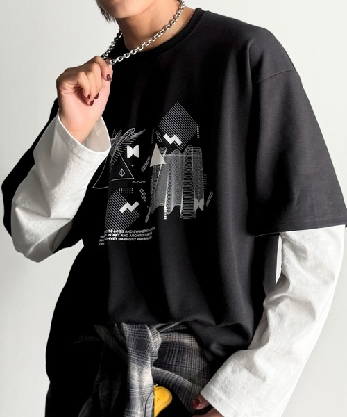 CHANEL 長袖 Tシャツ 幾何学模様 黒 セール】「一枚で即コーデ完成。」幾何学柄ポンチ素材レイヤードT