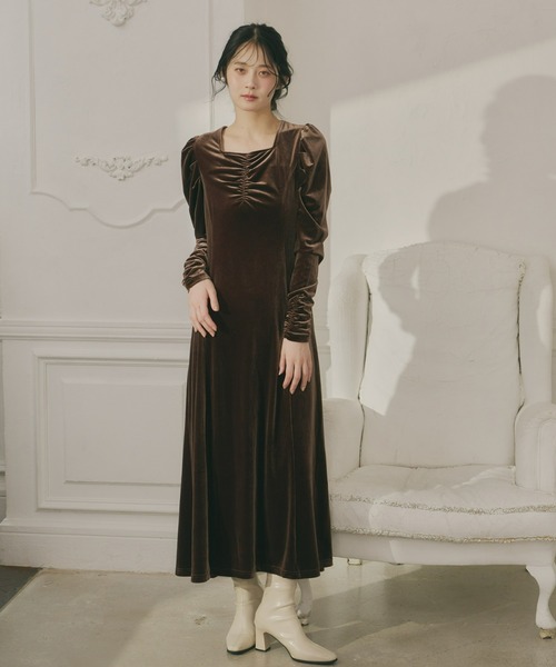 セール】フロントギャザーベロアワンピース（ワンピース）｜Olu