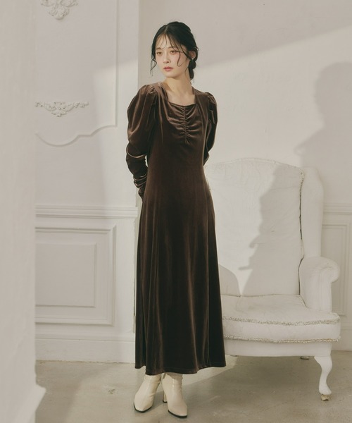 ペロ セール】フロントギャザーベロアワンピース（ドレス）｜Olu