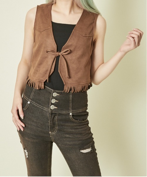 GORGE（ゴージ）の「《フリンジ裾×羽織りデザイン》レディース ベスト 羽織り風ヴィンテージ調 春夏秋（ベスト・レディース・アイボリー/ブラウン/キャメル・F）」の2枚目の写真