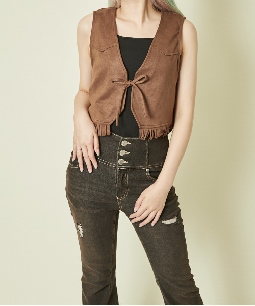 GORGE（ゴージ）の「《フリンジ裾×羽織りデザイン》レディース ベスト 羽織り風ヴィンテージ調 春夏秋（ベスト・レディース・アイボリー/ブラウン/キャメル・F）」の6枚目の写真