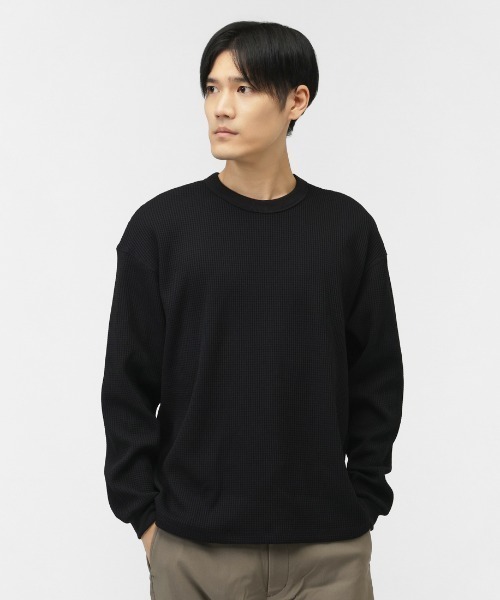 TIGORA(ティゴラ)の「ティゴラ TIGORA ワッフルロングTシャツ(Tシャツ/カットソー・メンズ・パープル/ブラック/オフホワイト/チャコールグレー/ネイビー・S/M/L/LL/3L)」の3枚目の写真