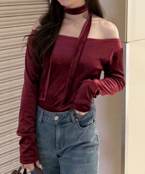 continuer de NICE CLAUP（コンティニューデナイスクラップ）の「ベロア＆ニットソーの2素材！（Tシャツ/カットソー・レディース・トップグレー/ピンク/ブラウン/ブラック/ボルドー・FREE）」の5枚目の写真